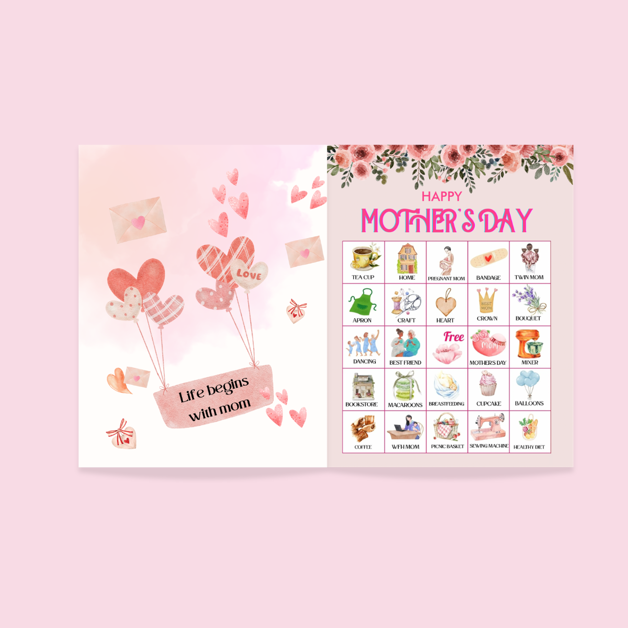 Mother's Day Bingo - 32 PRINTABLE unique cards. Instant digital download PDF. Fun Mother's Day Party Game, Mom Birthday Activity for Kids and Teens