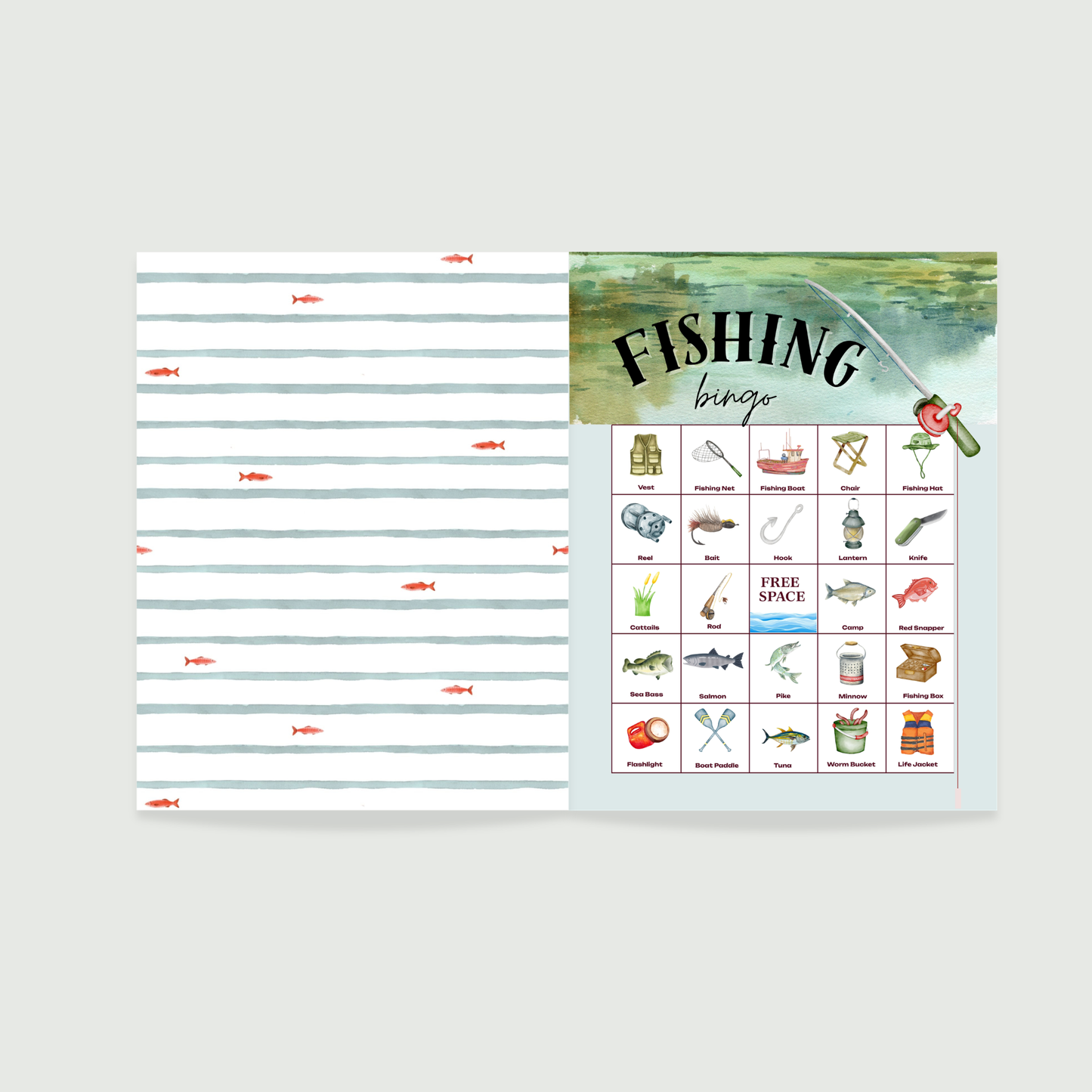 Fishing Bingo - 32 PRINTABLE unique cards. Instant digital download PDF. Father's Day, party game ideas, senior citizen game, kids games, retirement activity