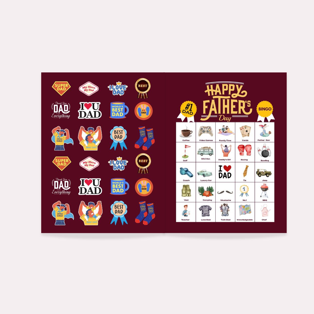 Happy Father's Day Bingo - 32 PRINTABLE unique cards. Instant digital download PDF. Party Games for Family BBQs, Fatherhood Celebrations, and Unique Gifts for Dads