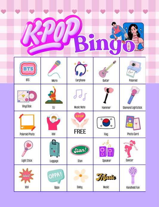 Kpop Bingo - 32 PRINTABLE unique cards. Instant digital download PDF. K-pop Themed Party Games for music fandom, Idol Fan Gifts