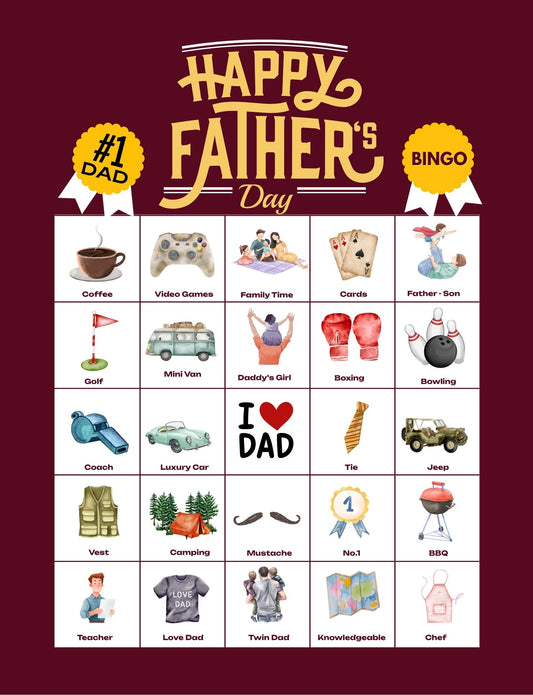 Happy Father's Day Bingo - 32 PRINTABLE unique cards. Instant digital download PDF. Party Games for Family BBQs, Fatherhood Celebrations, and Unique Gifts for Dads