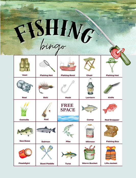 Fishing Bingo - 32 PRINTABLE unique cards. Instant digital download PDF. Father's Day, party game ideas, senior citizen game, kids games, retirement activity