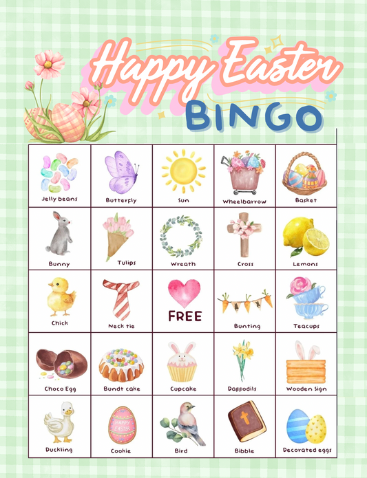 Happy Easter Bingo - 32 PRINTABLE unique cards. Instant digital download PDF. Easter Sunday Theme, Classroom use, Party