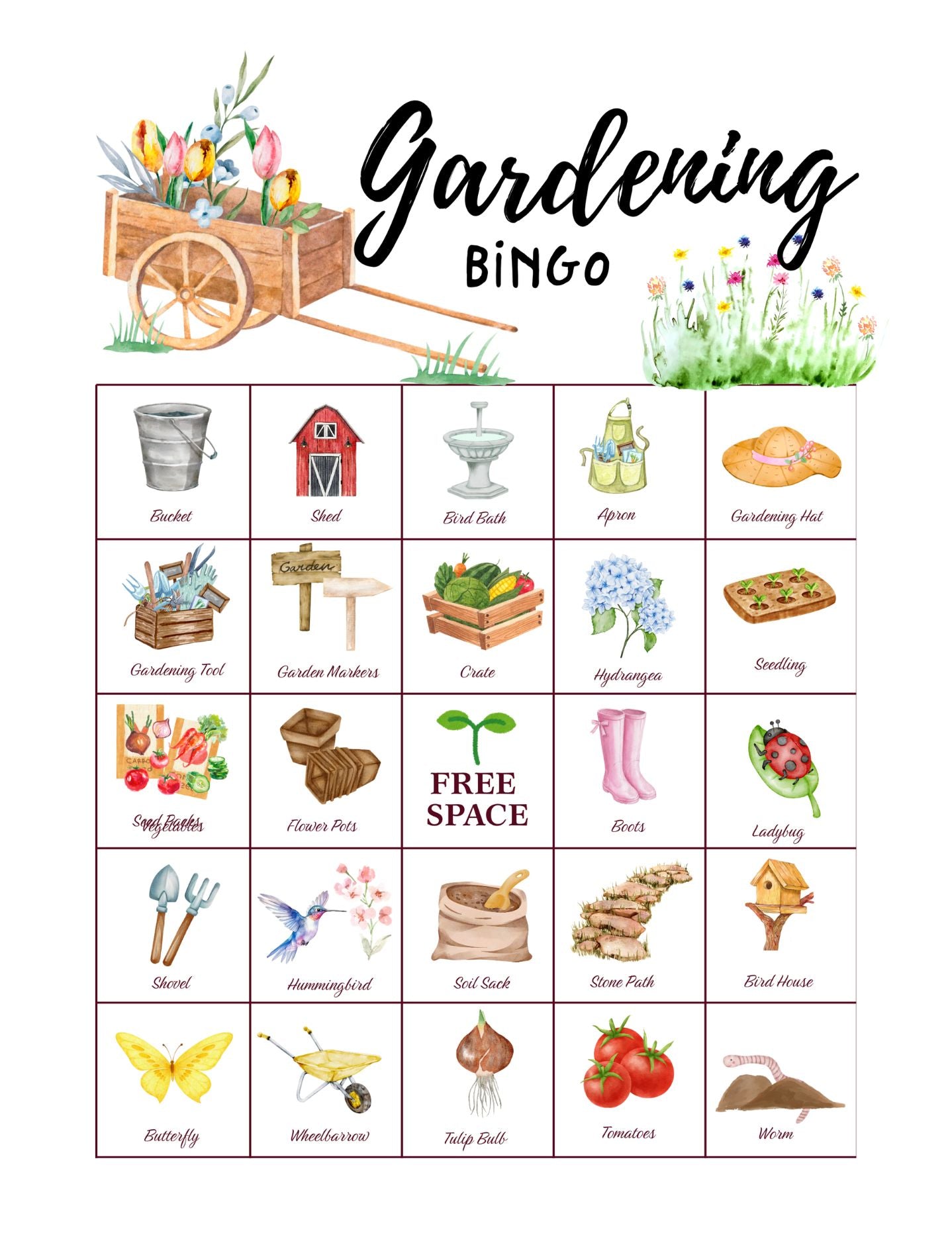 Gardening Bingo - 32 PRINTABLE unique cards. Instant digital download PDF. Game for senior citizen, retiree brunch activity
