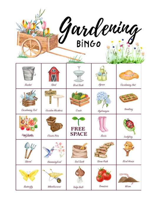 Gardening Bingo - 32 PRINTABLE unique cards. Instant digital download PDF. Game for senior citizen, retiree brunch activity